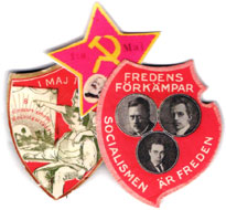 Swedish political pins, communist and socialist.